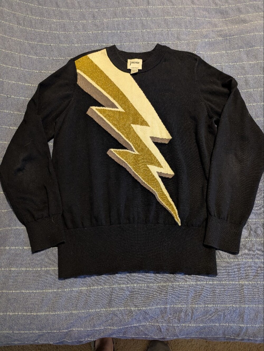Joanie Black Crewneck Sweater with Gold Lightning Bolt, S